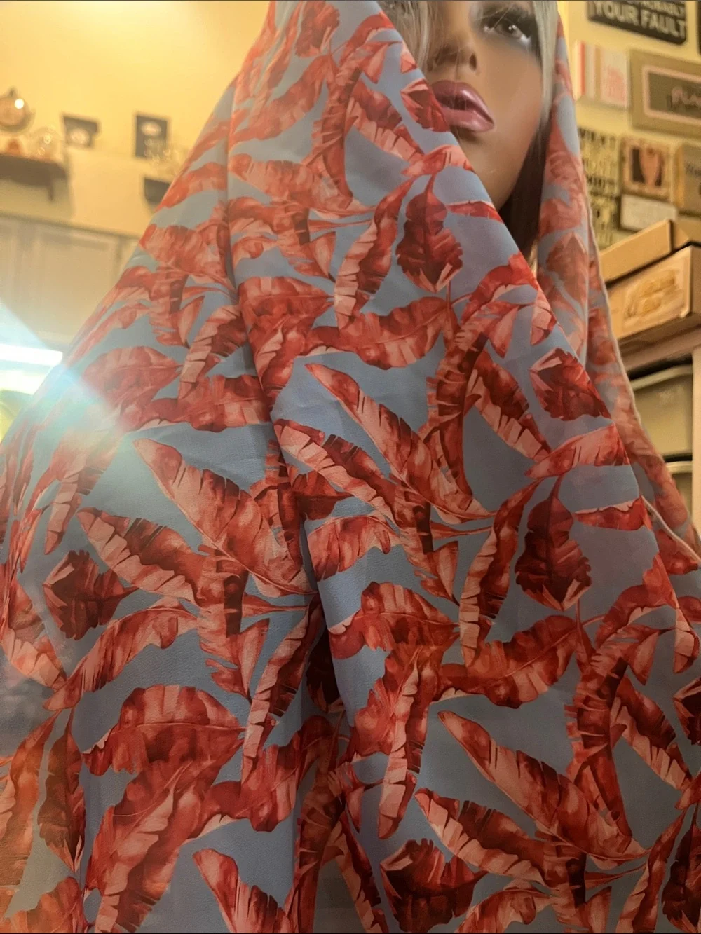 Coral Red and Blue Tropical Leafy Lightweight Scarf S48